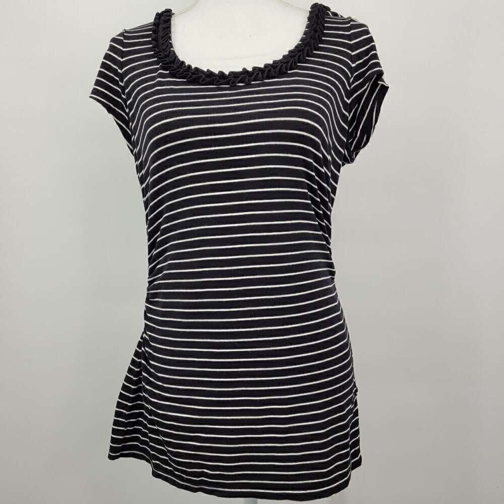WHBM Ruffle Neckline Black & White Striped Tee